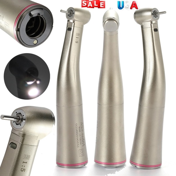 A multi-view product presentation of a professional-grade dental handpiece featuring close-up details and high-contrast studio lighting.